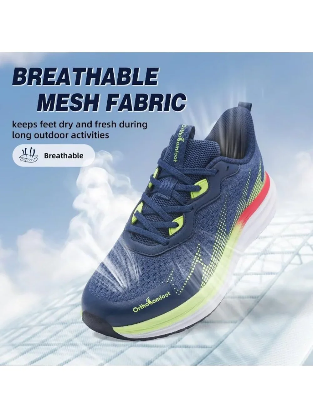 OrthoComfoot Men's Navy Lime Green Rubber Sole Comfortable Hiking Athletic Shoes